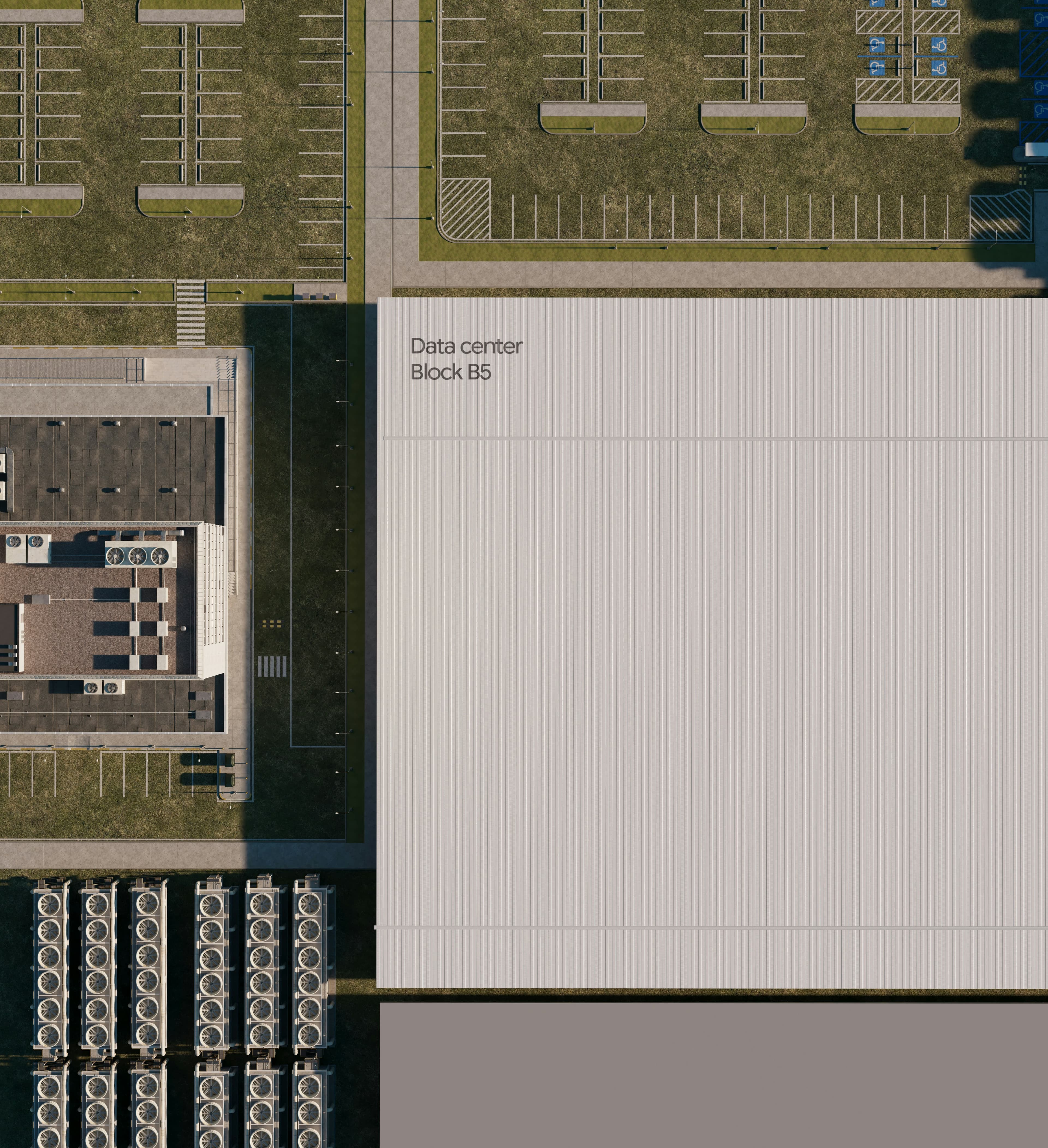 Aerial view of a data centre and its surrounding power and cooling infrastructure